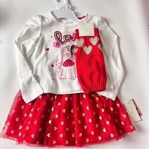 Max Studio Kids Matching Red and White Love Heart Skirt and Long Sleeve Tee
